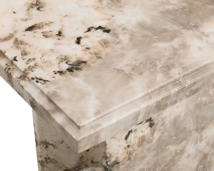 close up of mottled mocha marble effect tabletop showing texture and finish detail