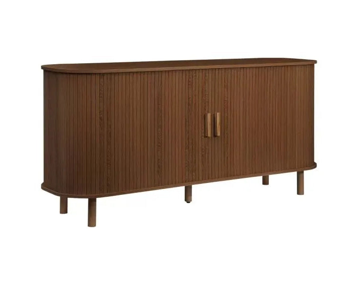 A mid-century modern wooden sideboard with a warm brown finish, featuring vertical fluted doors, two matching wooden handles, and tapered legs, shown against a plain white background.