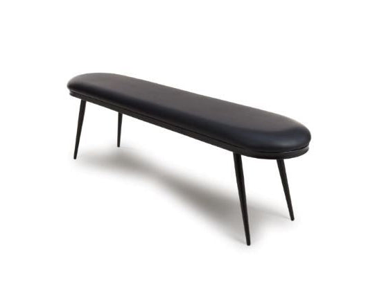 Black faux leather bench with metal legs on a white background