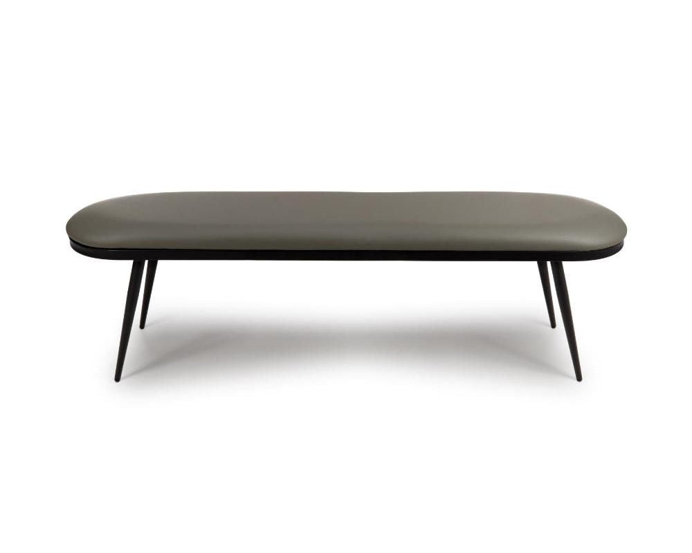 Axis dining bench in truffle faux leather with black metal legs.