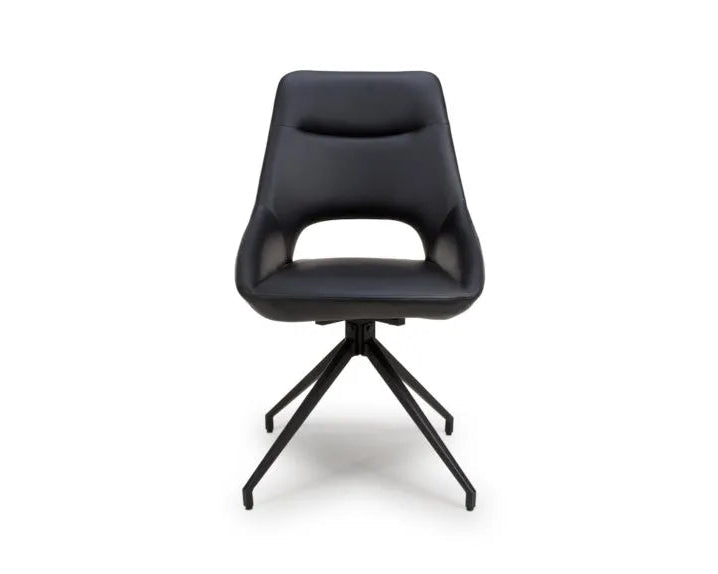 Front view of black swivel dining chairs with curved seat design