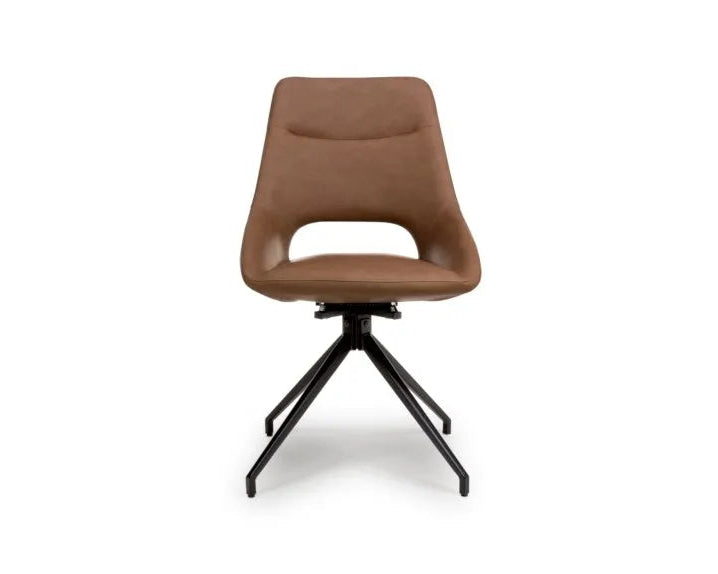 Front view of tan swivel dining chairs with curved seat design