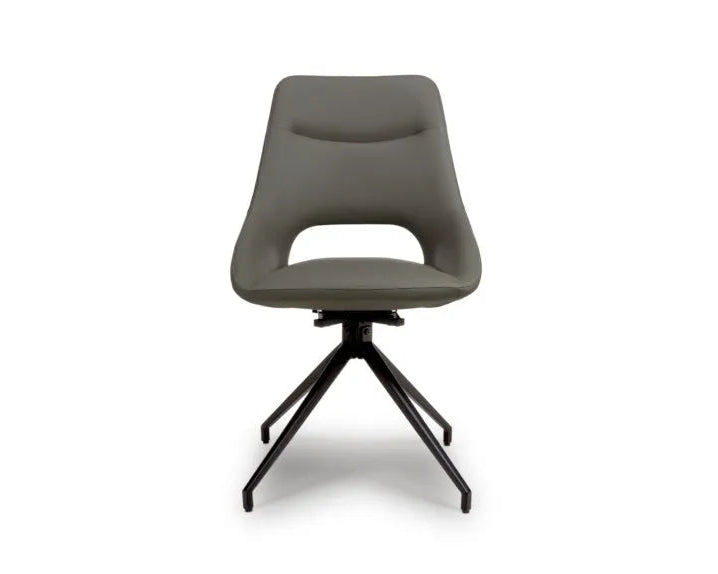 Front view of truffle swivel dining chairs with curved seat design