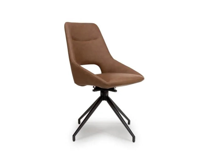 Axis swivel dining chairs in tan PU upholstery with metal base