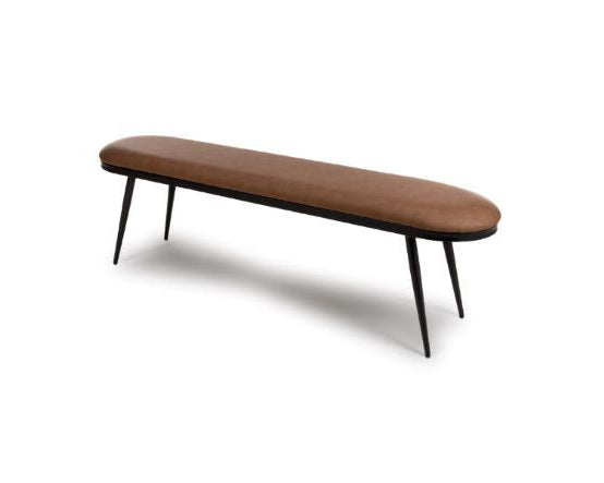 Angled view of the Axis tan faux leather dining bench with contemporary black metal legs.