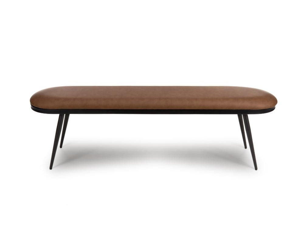 Axis tan faux leather dining bench with slim black metal legs.