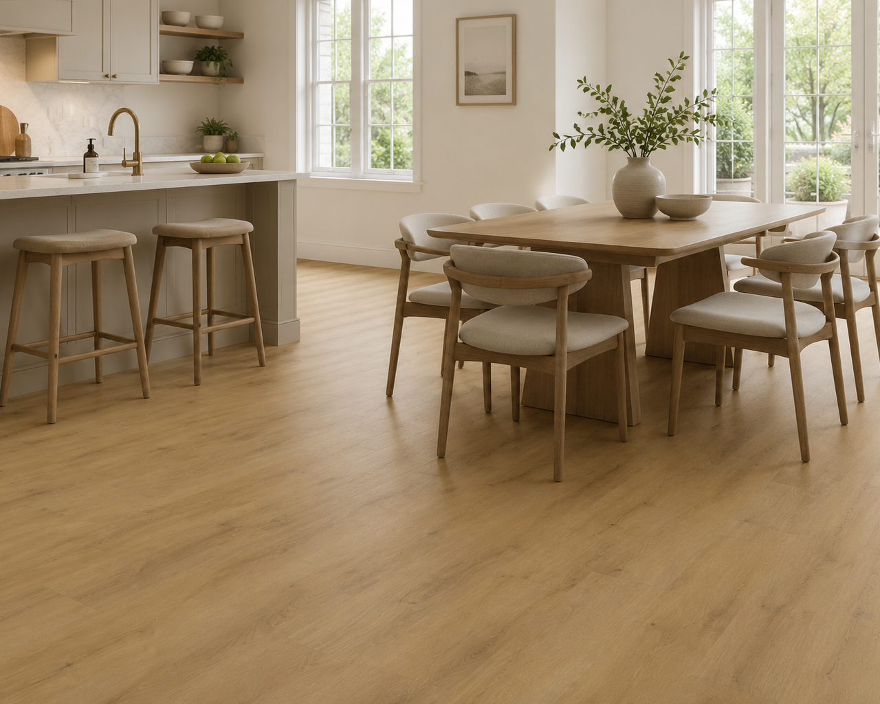 Barley Oak Plank SPC Flooring in a bright kitchen and dining room