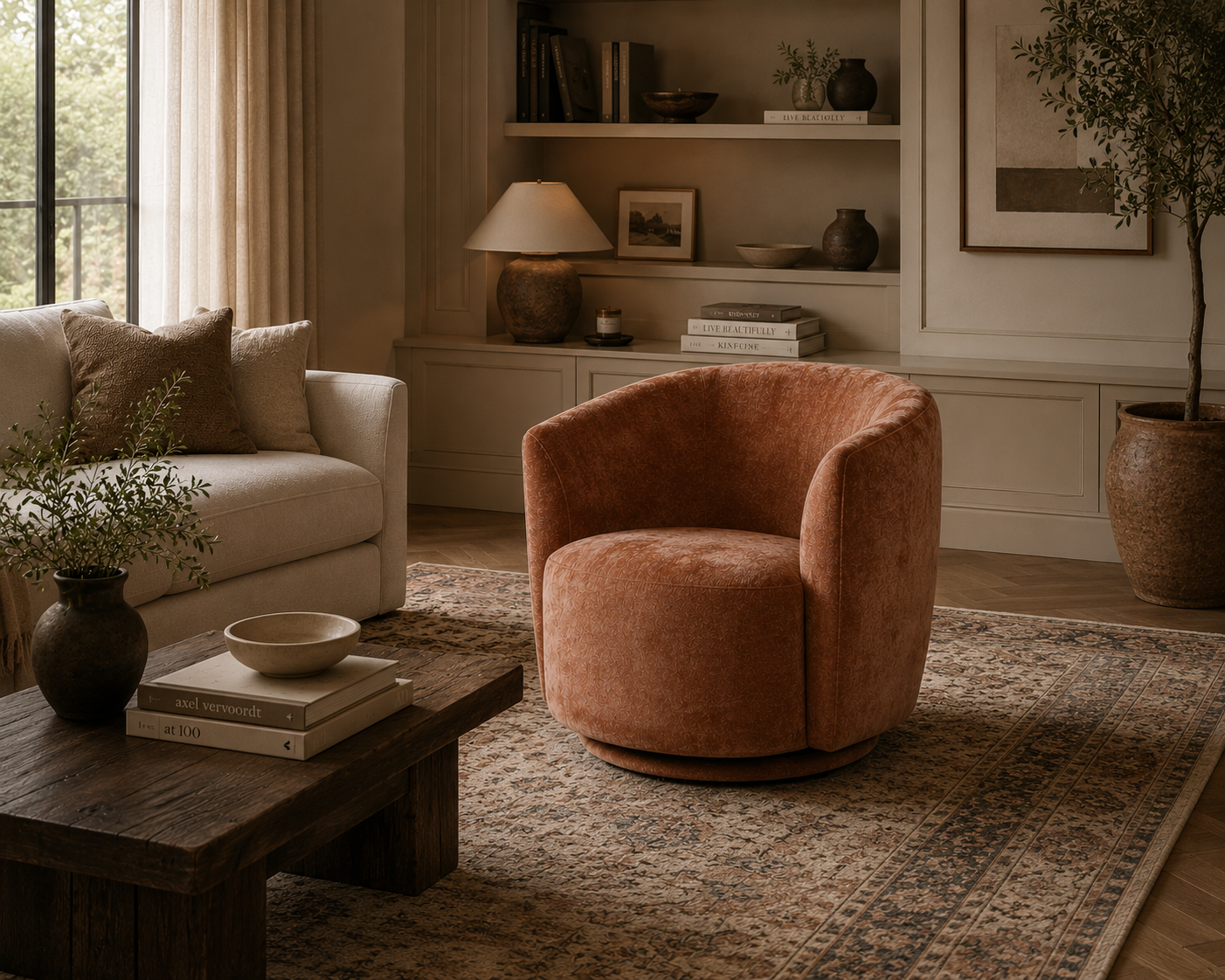 Cozy living room with a brown armchair, coffee table, and bookshelf.