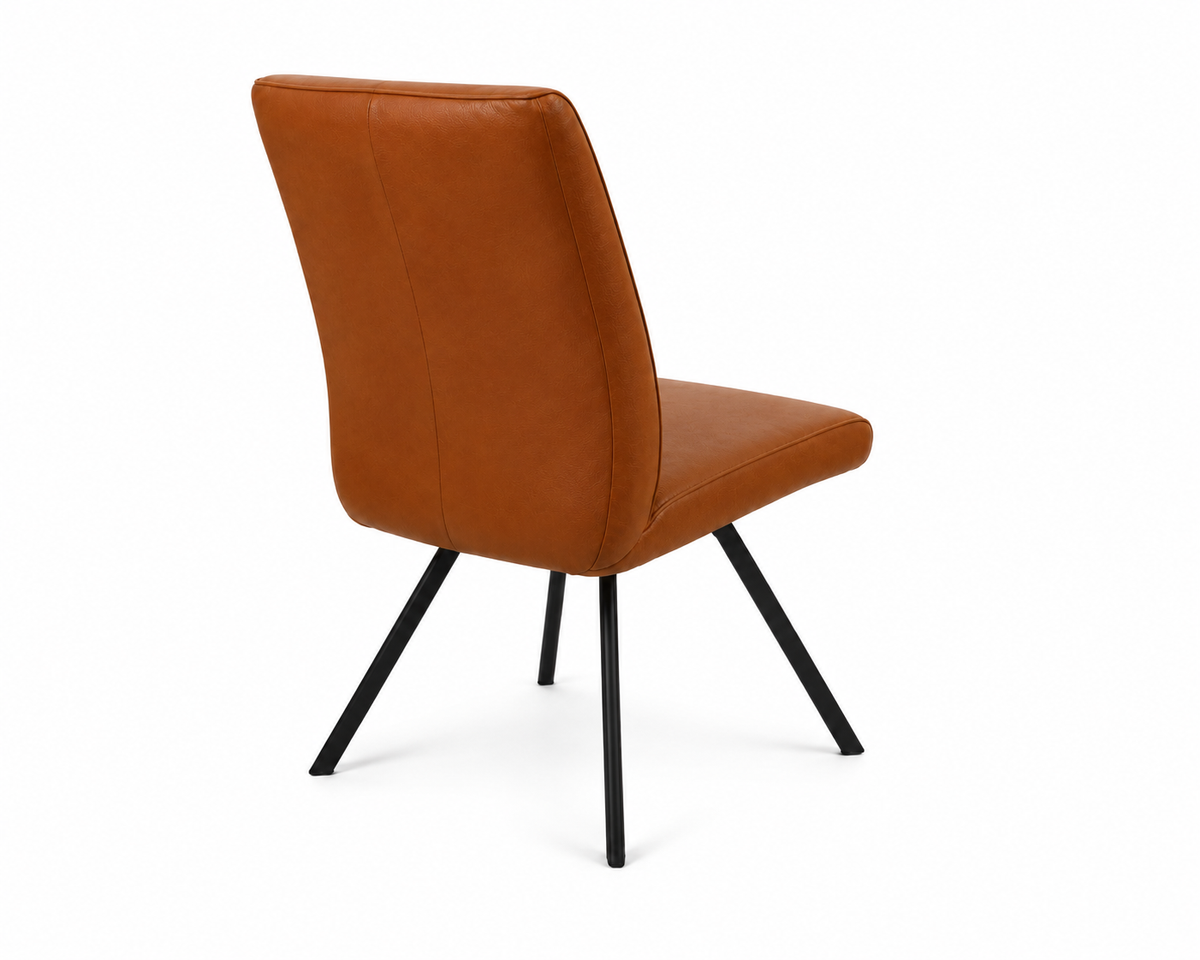 Brown leather chair with black metal legs on a white background