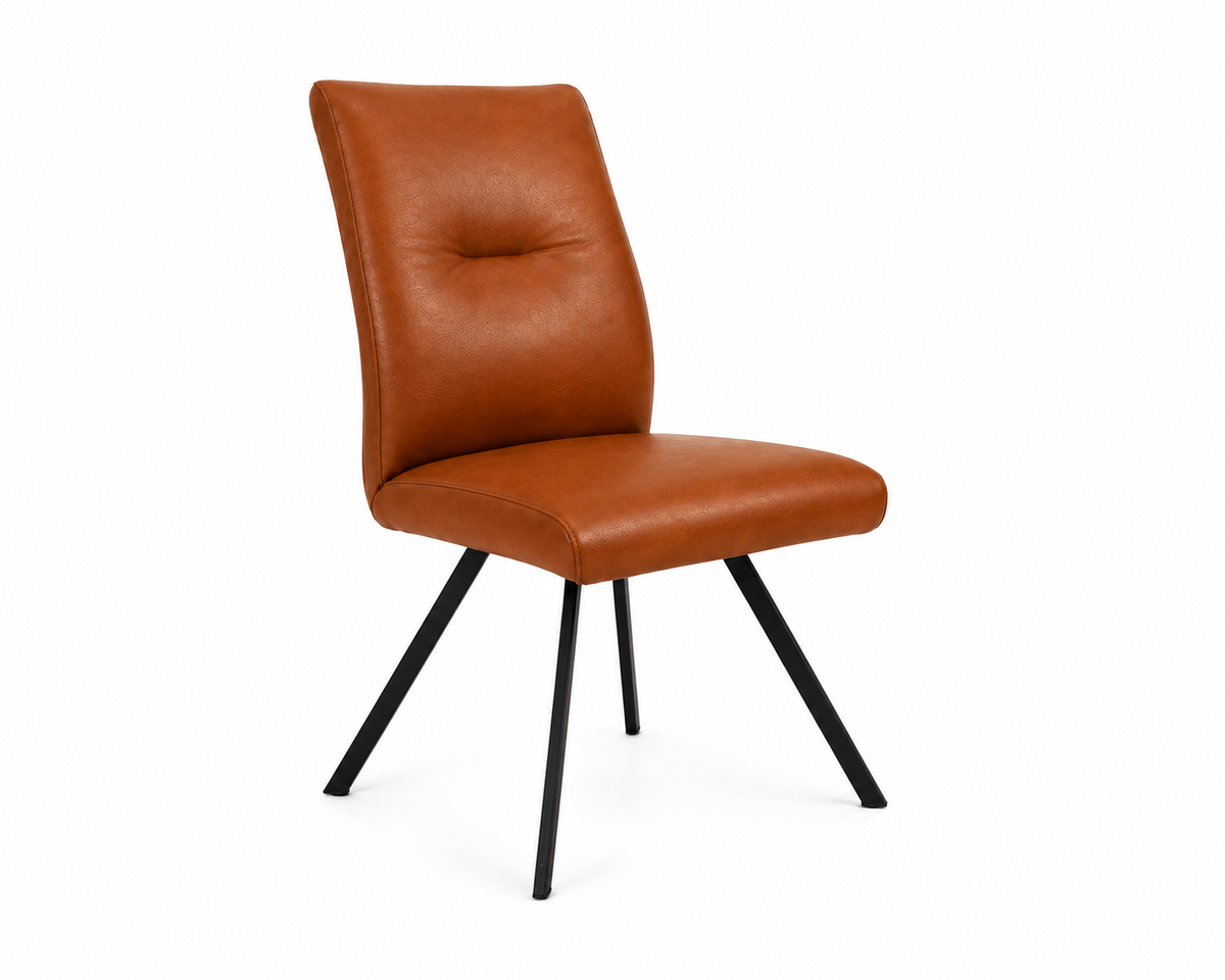 Brown leather chair with black metal legs on a white background
