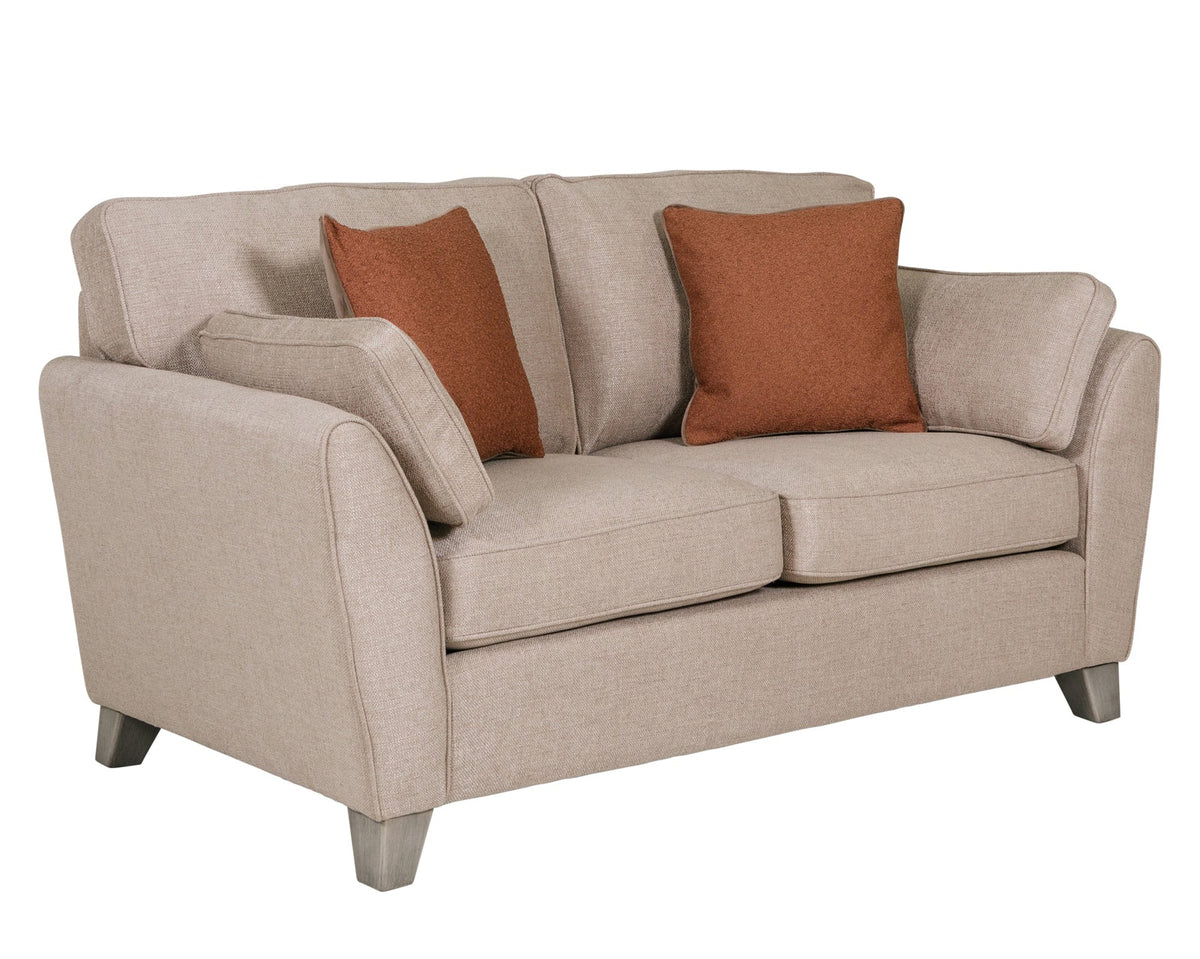 Cantrell biscuit 2 seater sofa angled view showing arm detail and fabric texture