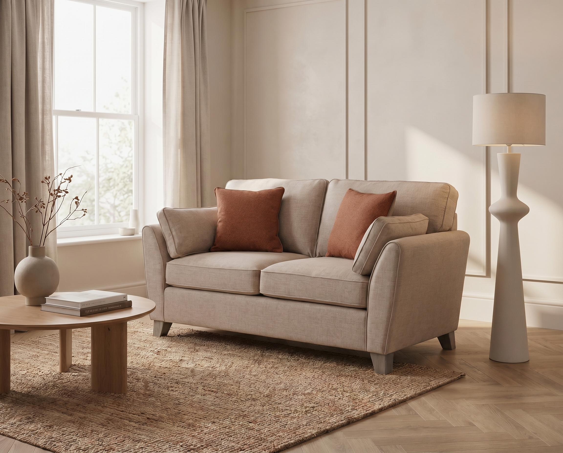Cantrell 2 seater sofa in biscuit fabric styled in a warm neutral living room with wooden flooring and textured rug