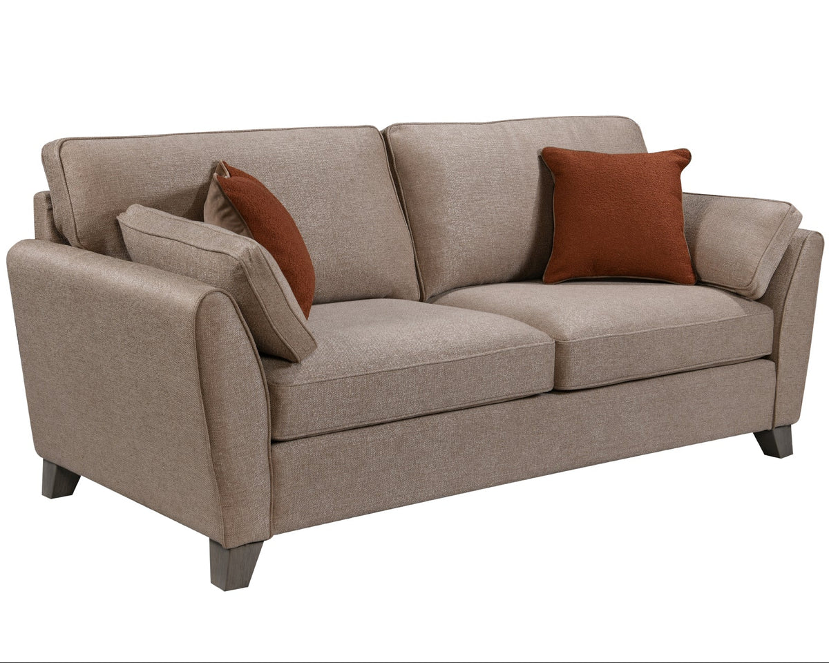 biscuit three seater sofa with soft fabric upholstery and wooden legs angled view