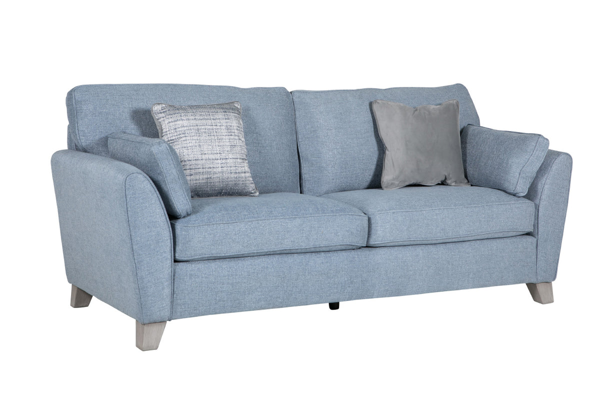 Cantrell 3 seater sofa in blue fabric with wooden legs