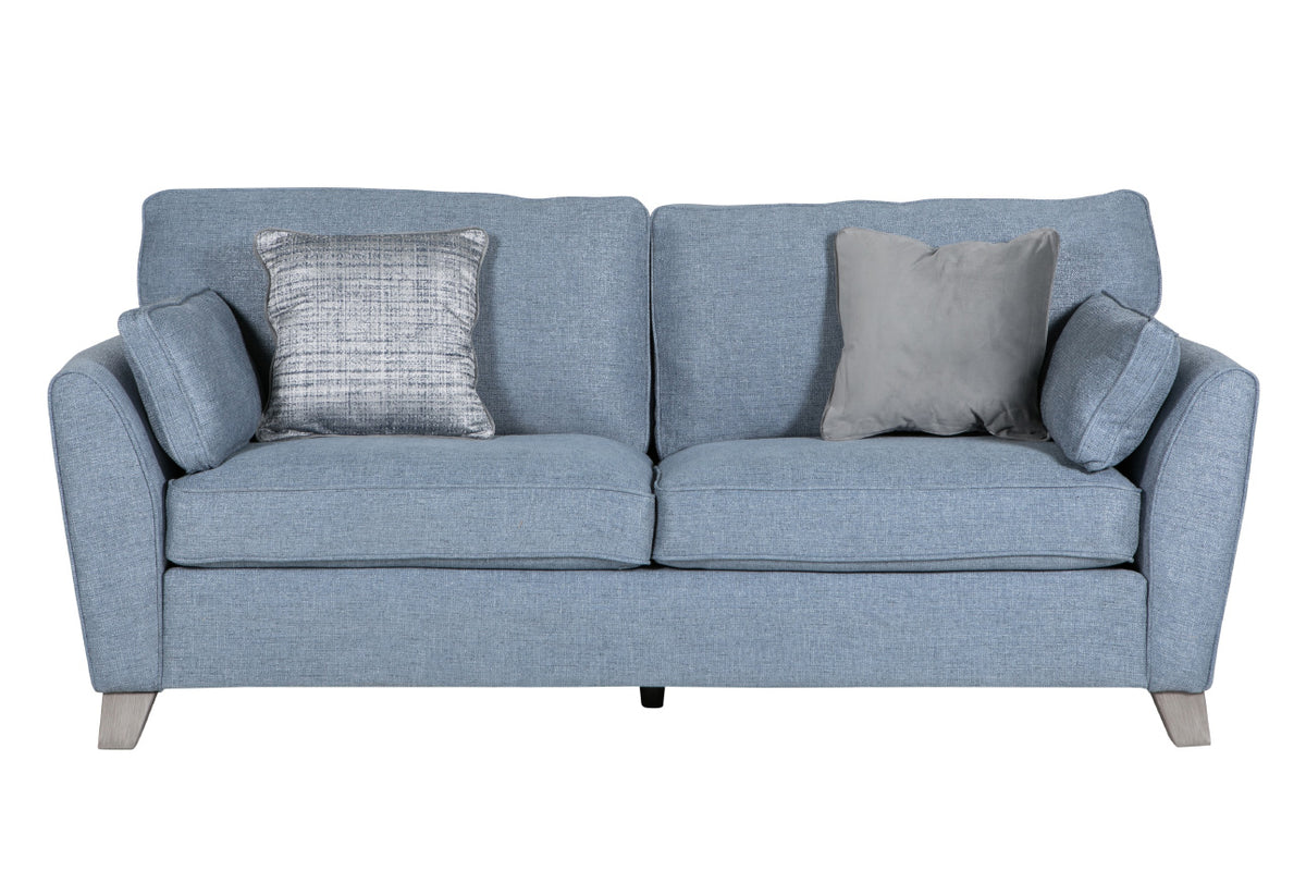 Blue fabric 3 seater sofa front view with cushions