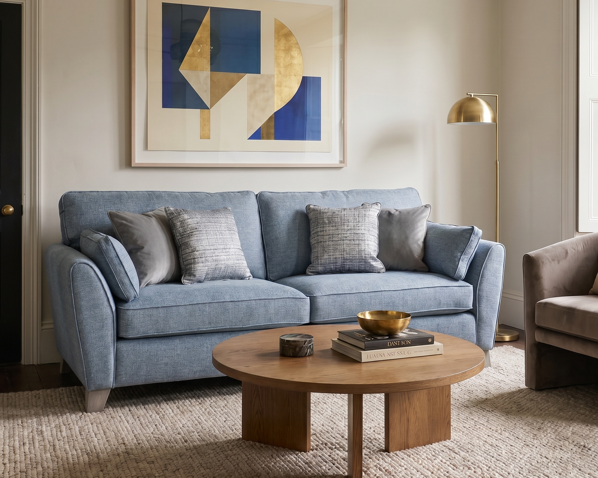 Blue Cantrell sofa styled in modern living room with wooden coffee table