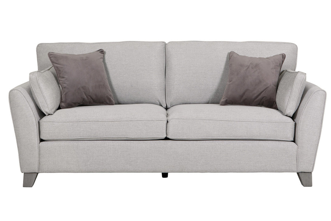 grey fabric 3 seater sofa with soft cushions and wooden legs modern living room