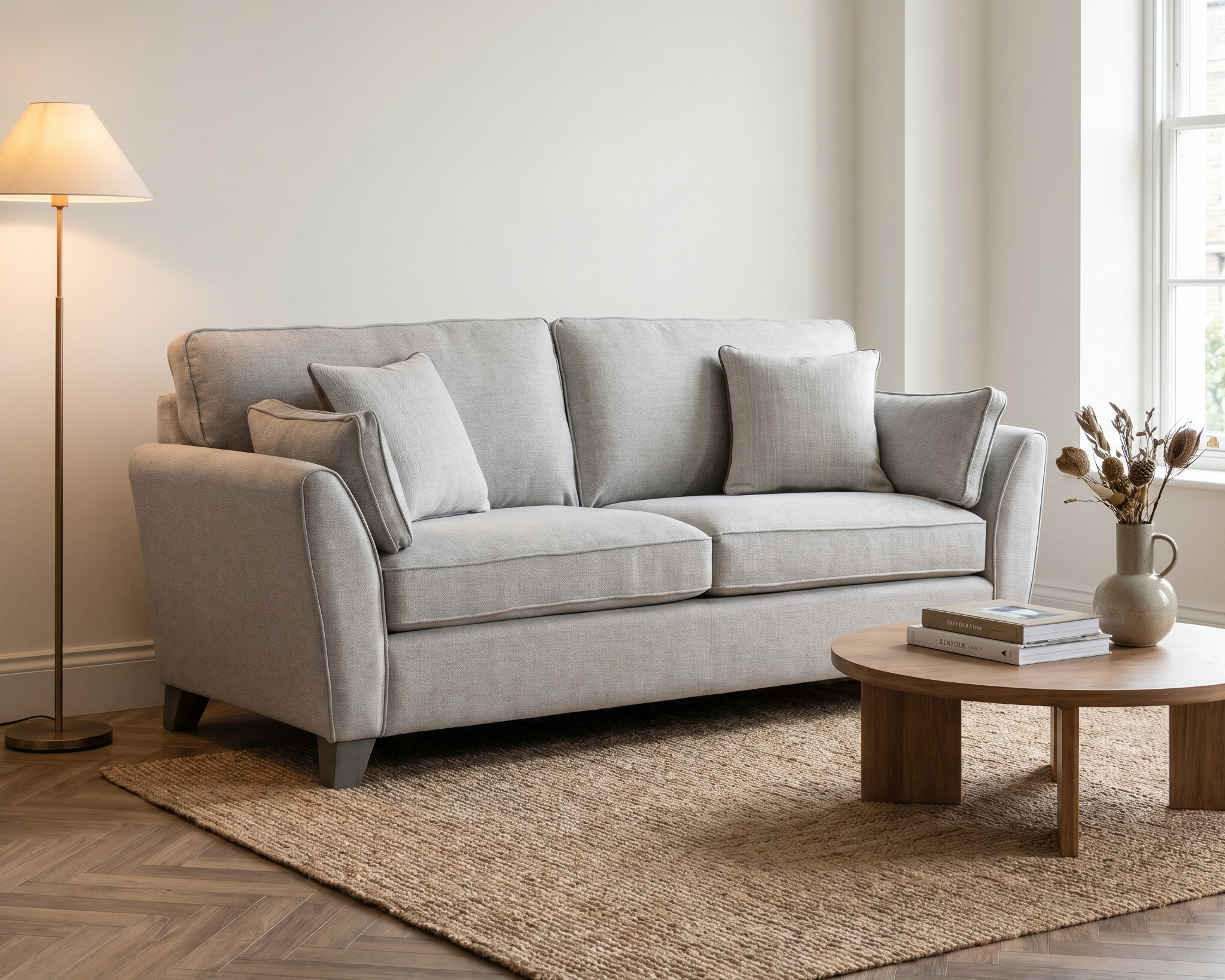 grey fabric sofa styled in neutral living room with soft textures and natural tones