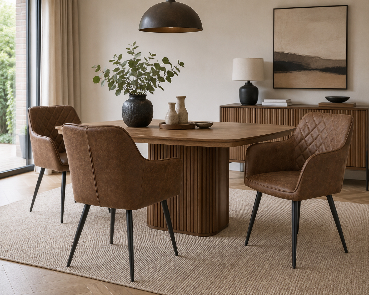 A modern dining room scene featuring a rectangular wooden table with a fluted pedestal base, surrounded by four brown upholstered dining chairs with black legs. The room has a neutral beige color palette with a matching area rug, a black dome pendant light, and a sideboard in the background.