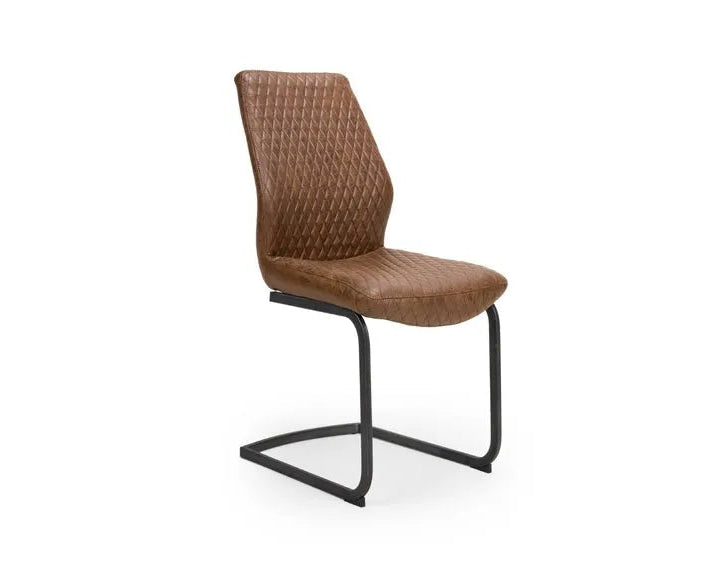 A modern dining chair with a brown woven leather seat and backrest, supported by a black cantilever steel base, shown against a plain white background.