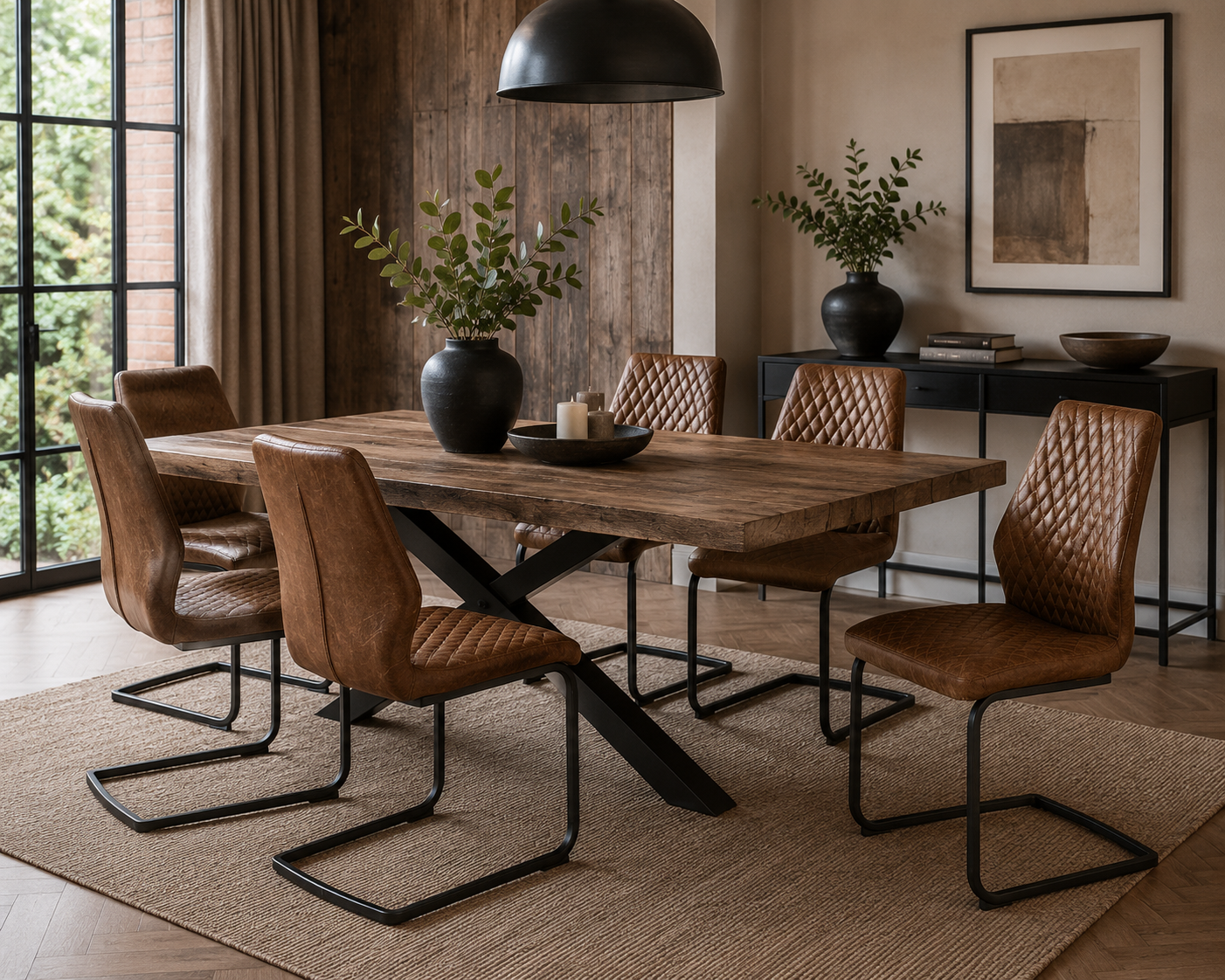 A rustic wooden dining table with an X-base and six brown leather chairs with black metal frames, styled in a modern dining room setting.