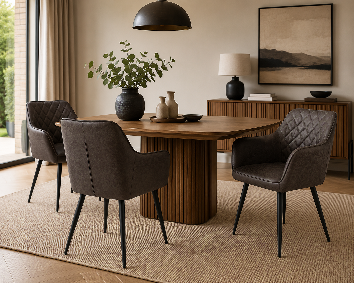 A modern dining room scene featuring a rectangular wooden dining table surrounded by four upholstered dining chairs in dark brown and gray tones, set on a textured beige rug with a wooden sideboard, pendant lamp, and framed wall art in the background.