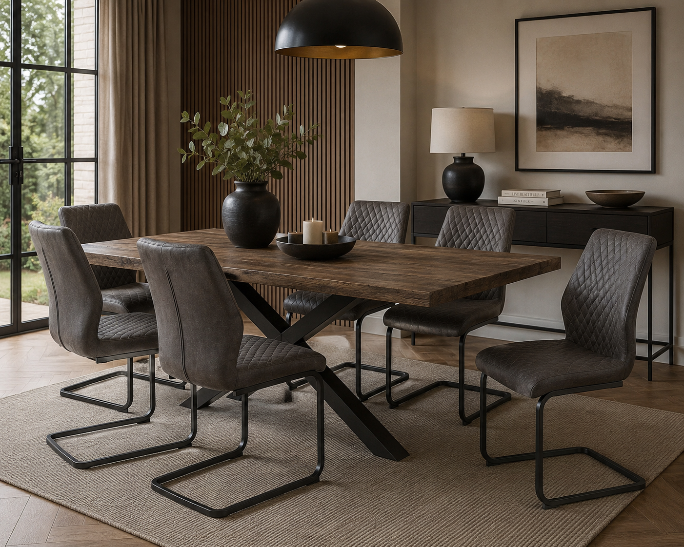 A 7-piece dining set featuring a rustic dark wood rectangular table with a black X-frame base, surrounded by six gray upholstered chairs with black metal cantilever legs, set in a modern dining room.