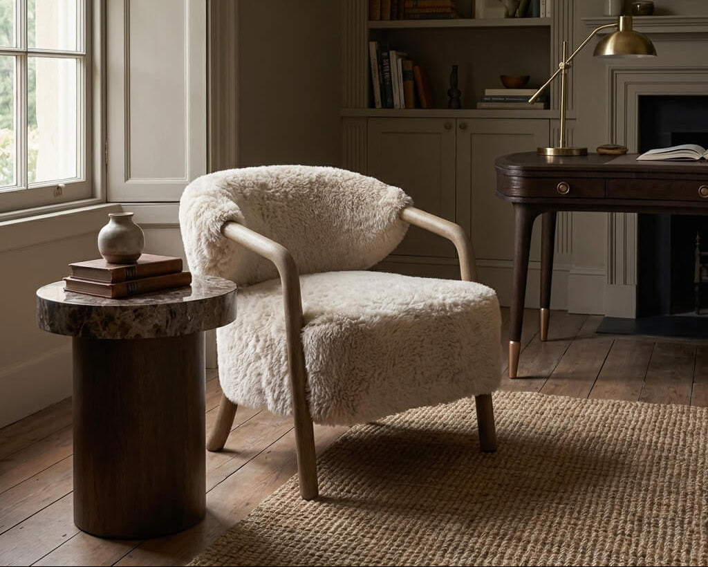 Cozy room with a fluffy armchair, wooden side table, and bookshelf.
