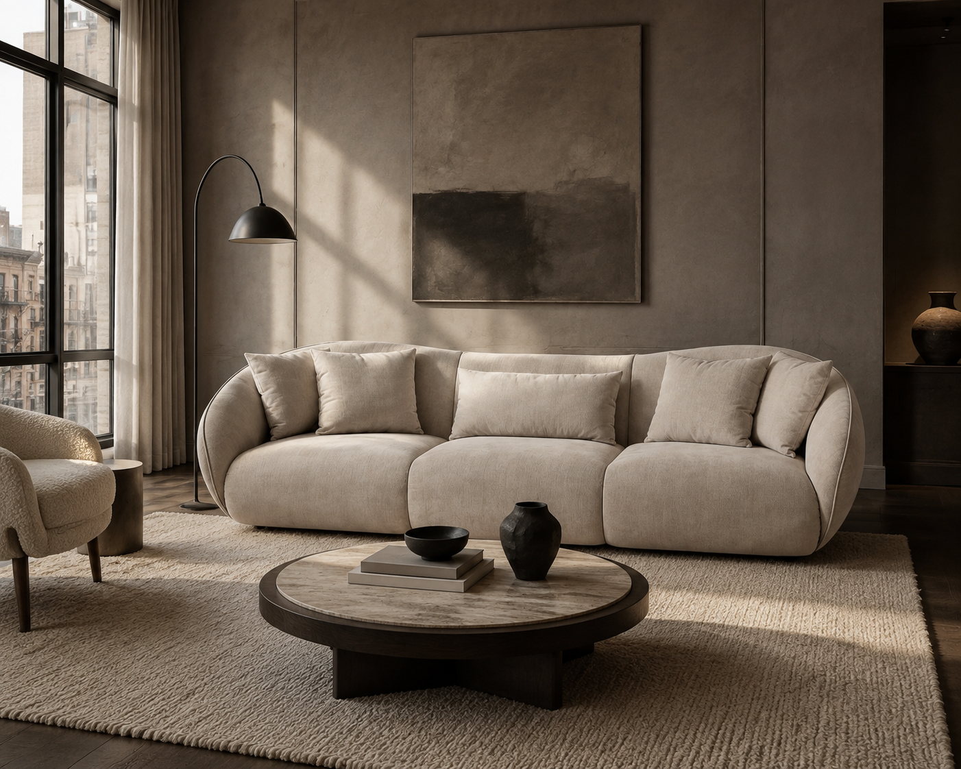 Cove curved sofa by KŌSH in a contemporary New York and Scandinavian-inspired living room