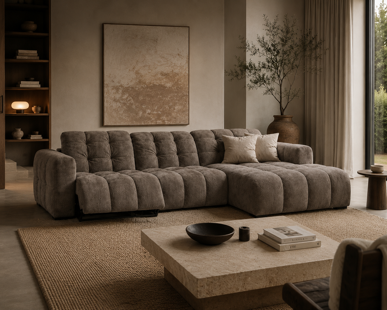 A modern tufted sectional sofa in a warm taupe-gray fabric, styled in a minimalist, warm-toned living room with a stone coffee table, woven rug, and a large abstract painting on the wall.
