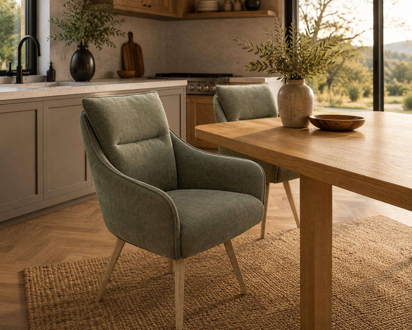 Modern kitchen with wooden table and green chairs, natural light streaming in.