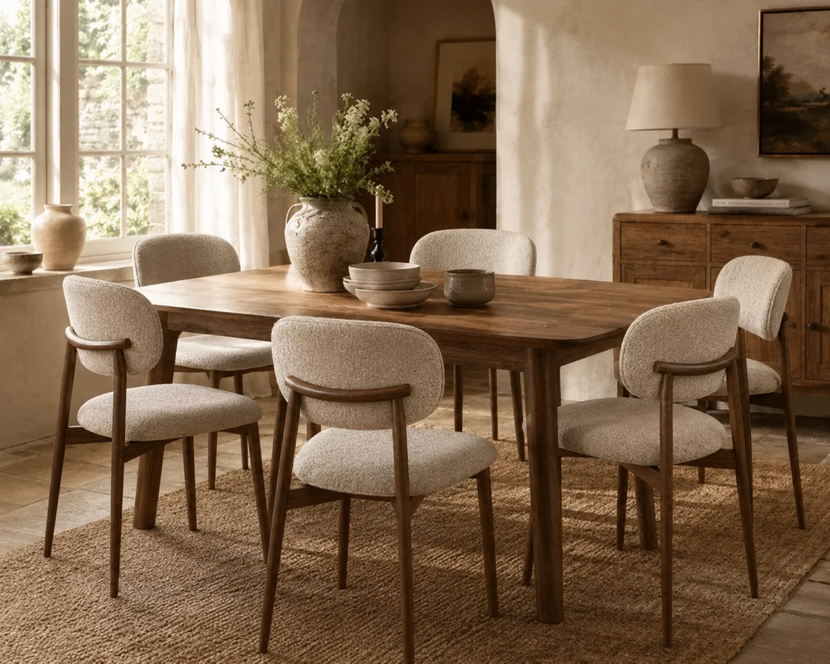 Six Etta beige dining chairs with curved backs arranged around a dining table in a warm, contemporary dining room.