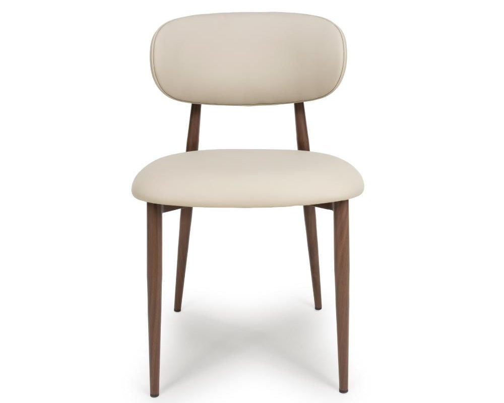 Front view of the Etta dining chair in taupe PU leather with dark wood-effect legs