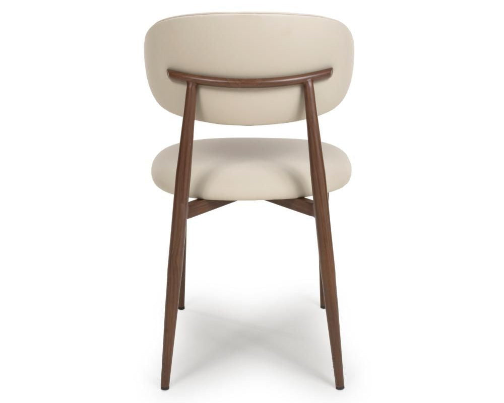 Rear view of the Etta taupe PU leather dining chair showing its curved wood-effect support