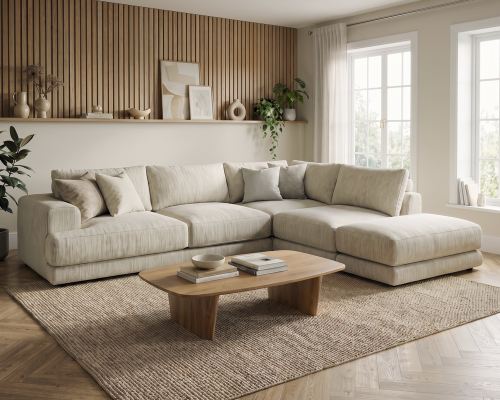 Geneva Large Corner Sofa with Footstool upholstered in Tyne Natural fabric