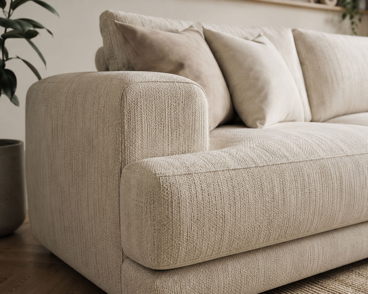 A close-up of a modern sofa with textured beige upholstery and matching throw pillows in a softly lit interior setting.