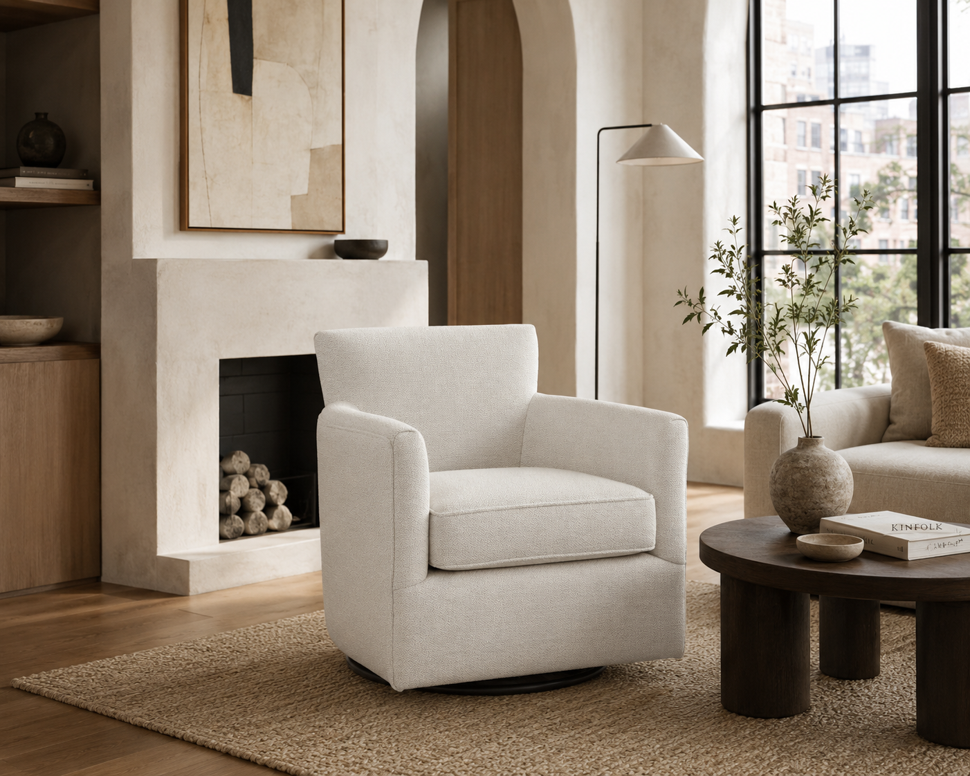 Hale Off-White Swivel Chair by KŌSH in a contemporary living room