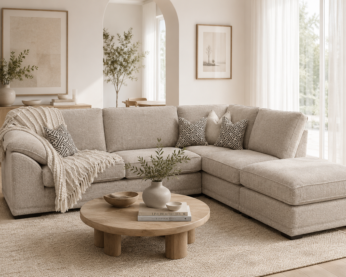 Hartford corner chaise sofa in Genesis Dove fabric in a bright neutral Scandinavian-style living room
