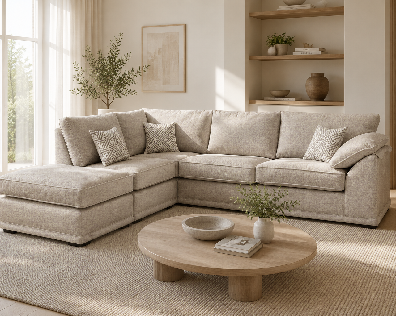 Hartford left-hand corner chaise sofa in Genesis Dove fabric in a bright neutral living room