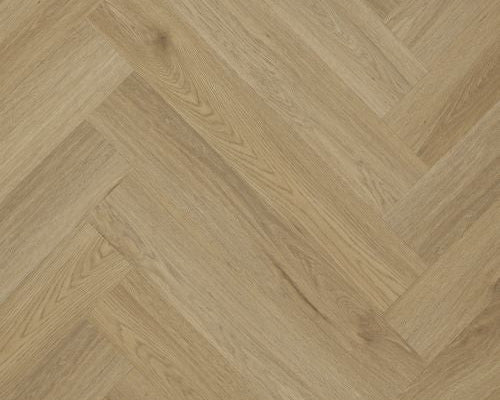 Light oak herringbone wood flooring planks arranged in a classic parquet pattern, showing natural wood grain and subtle knots.
