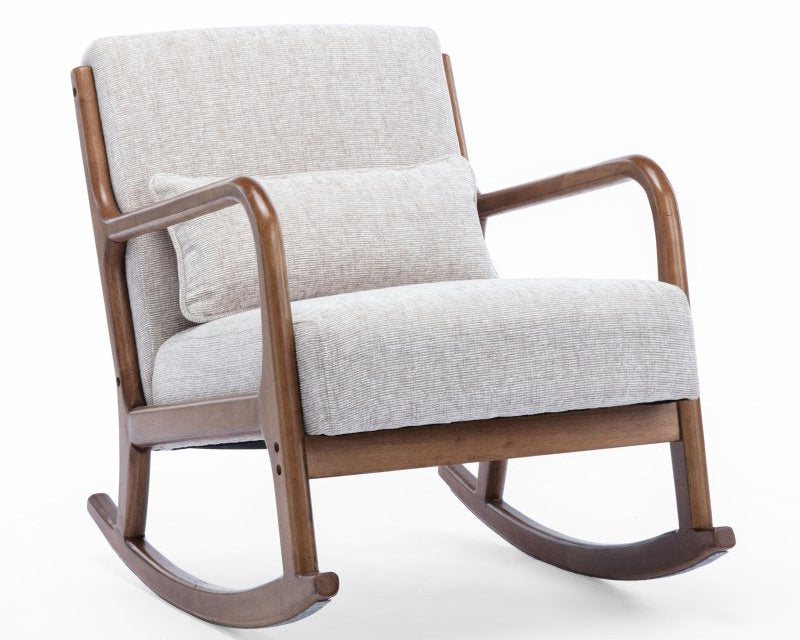 A mid-century modern rocking chair with a light beige textured fabric upholstery and a dark brown wooden frame, shown on a clean white background.