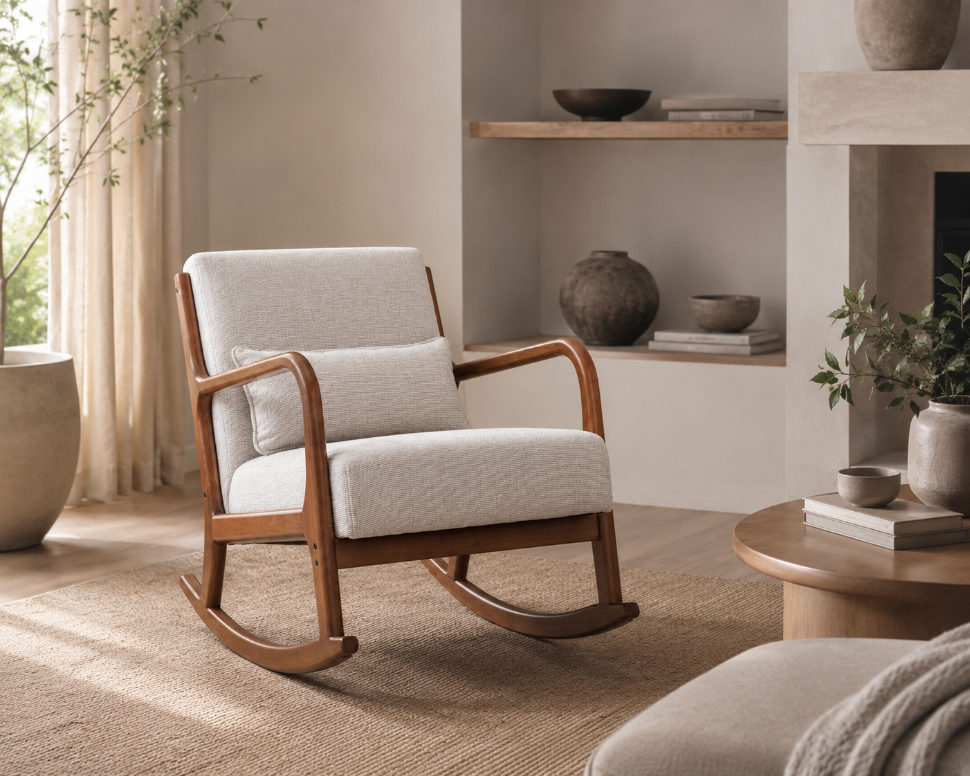 A mid-century modern rocking chair with a light beige textured fabric cushion and a warm medium-brown wooden frame, styled in a cozy, neutral-toned living room setting.