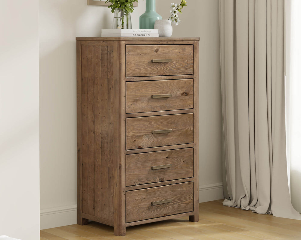Inola 5 Drawer Tall Chest styled in a neutral bedroom
