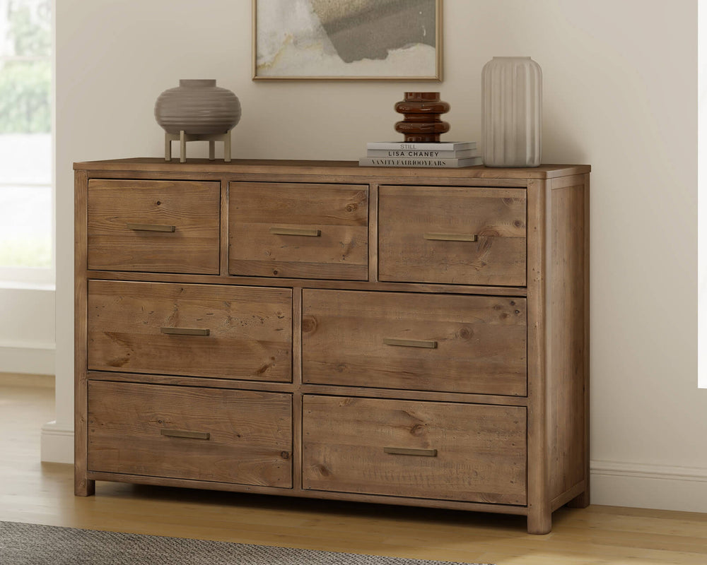Inola 7 Drawer Chest styled in a neutral contemporary bedroom