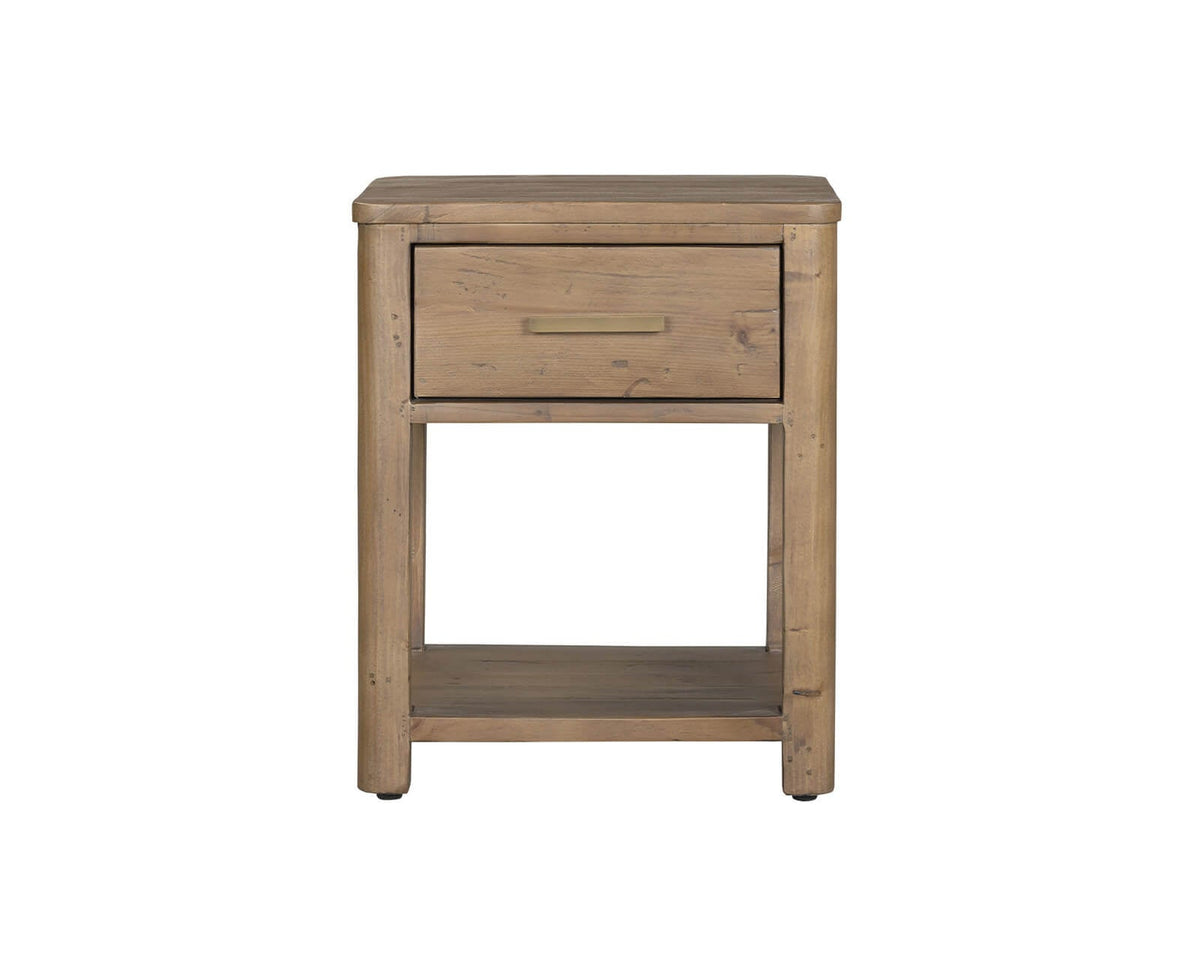 Inola bedside table in reclaimed pine Cashew finish front view