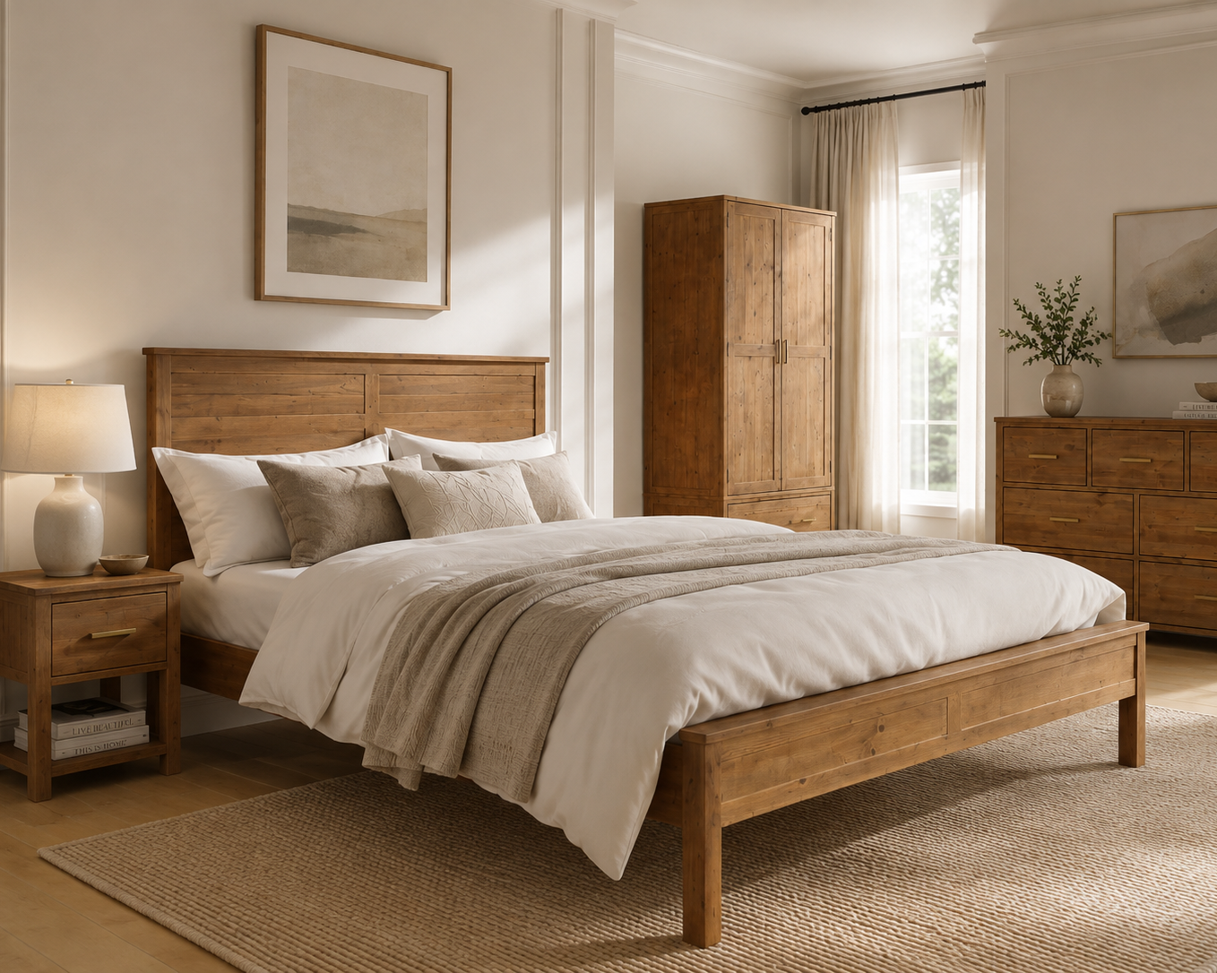 Inola reclaimed pine bedframe in Cashew styled in a neutral bedroom