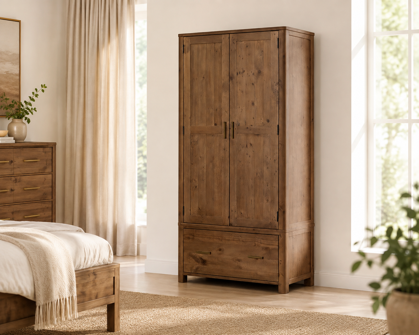 Inola reclaimed pine wardrobe styled in a neutral contemporary bedroom