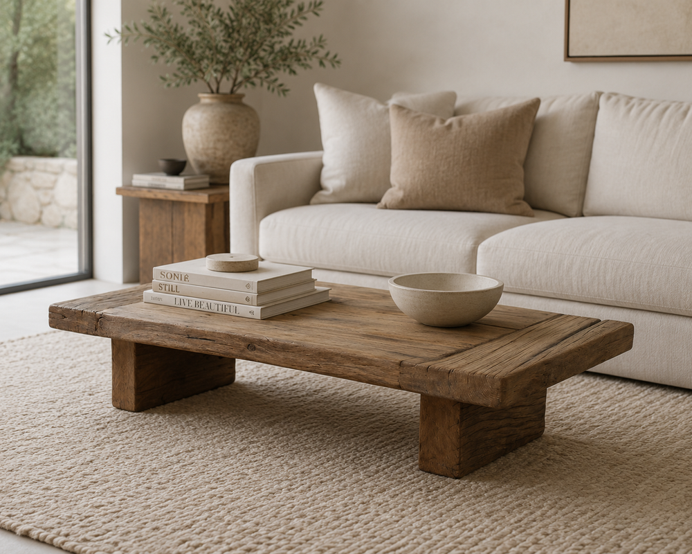 Keiichi reclaimed oak coffee table in a neutral contemporary living room