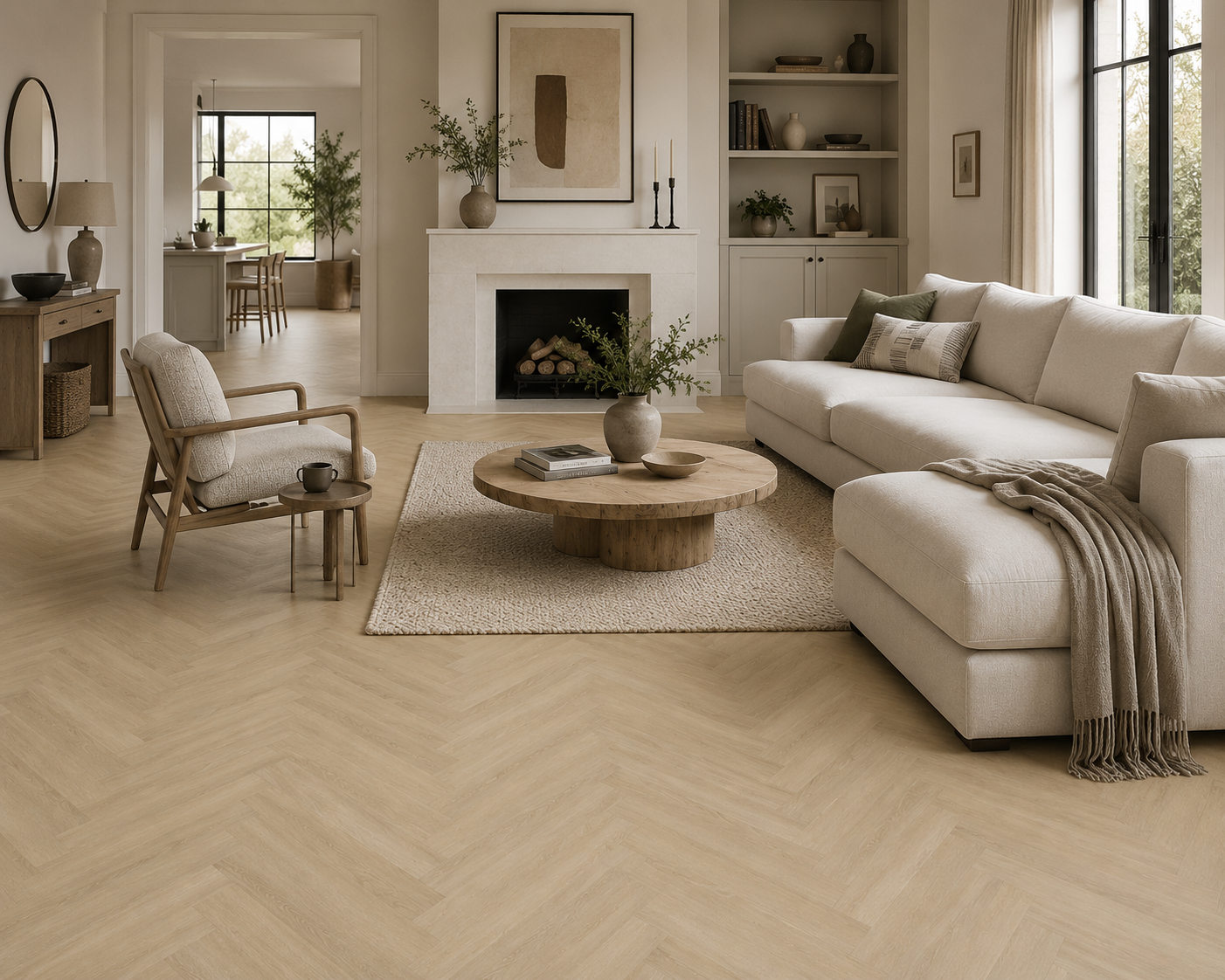 A bright, modern living room with light beige herringbone wood flooring, a cream sectional sofa, a round wooden coffee table, and a white fireplace in the background.
