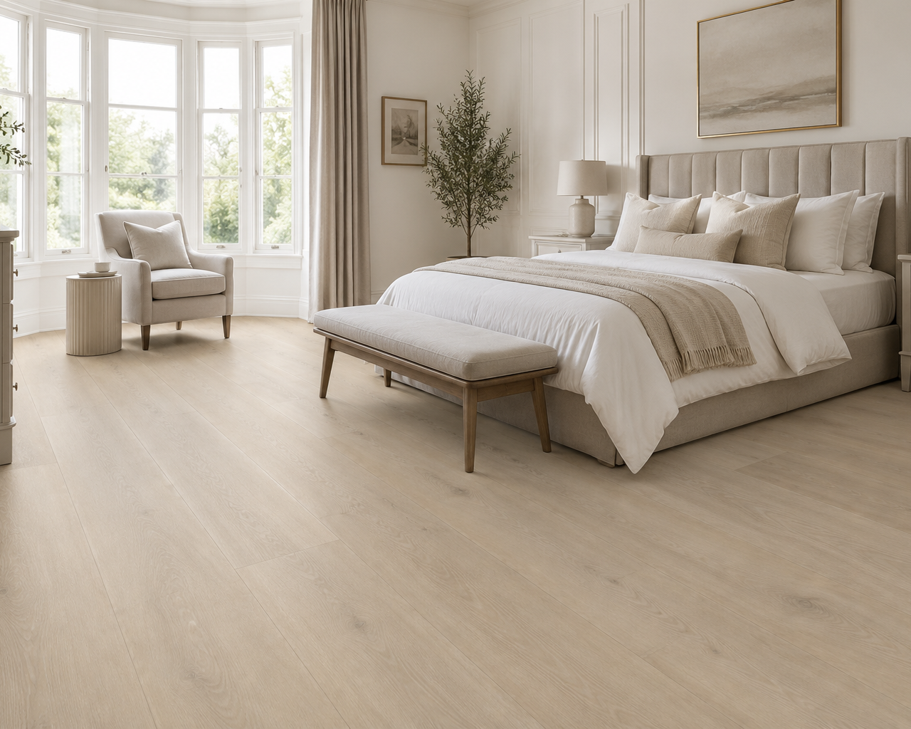 Linen Oak Plank SPC Flooring in a bright neutral bedroom